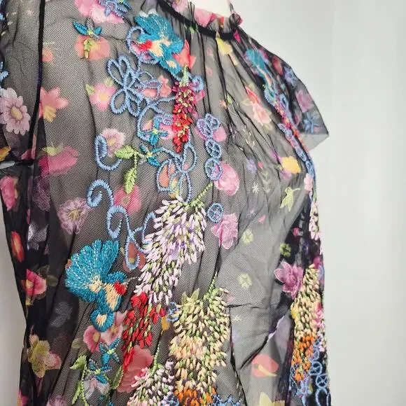 Johnny Was Floral Embroidered Black Mesh Short Sleeve Blouse Boho Whimsigoth - Picture 8 of 10